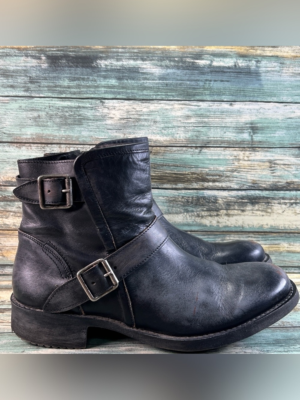 STEVE MADDEN Harness Moto Boots Size 9M Distressed Biker Grunge Black Leather
